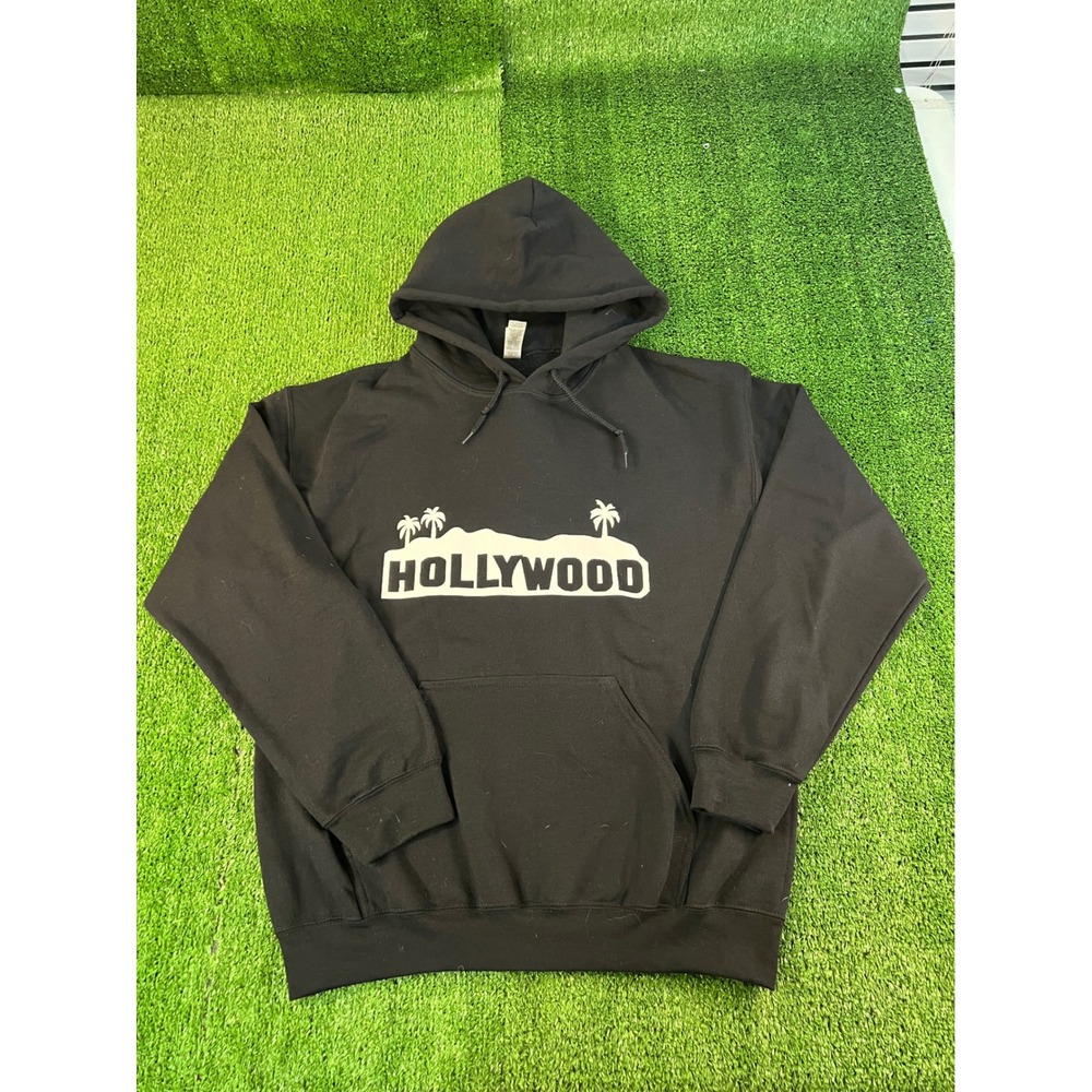 Hollywood Palm Tree Graphic Hoodie Black Mens Medium Pullover Gildan Heavy Blend